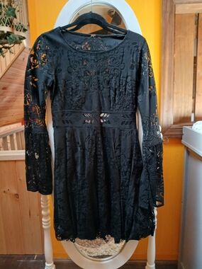 Free People Black Lace Long-Sleeve Fit & Flare Dress